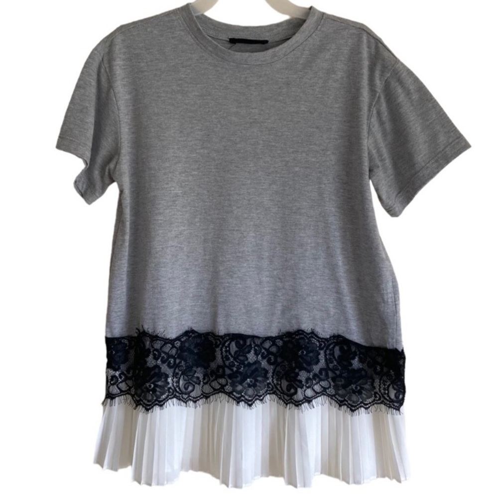 Reserved Women’s Pleated Peplum Hem Causal T-shirt Grey White Sz XS